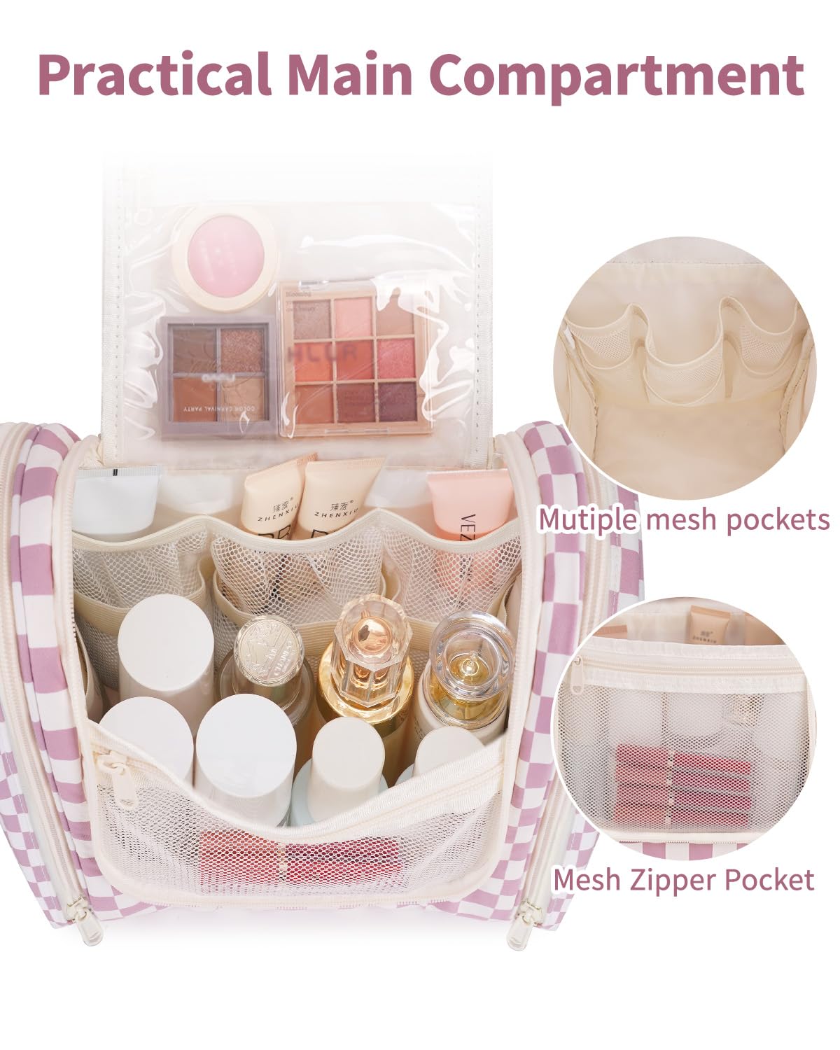Narwey Large Hanging Toiletry Bag for Women Travel Makeup Bag Organizer Toiletries Bag Dry Wet Separation for Cosmetics Essentials Accessories (Dusty Pink Checkerboard)