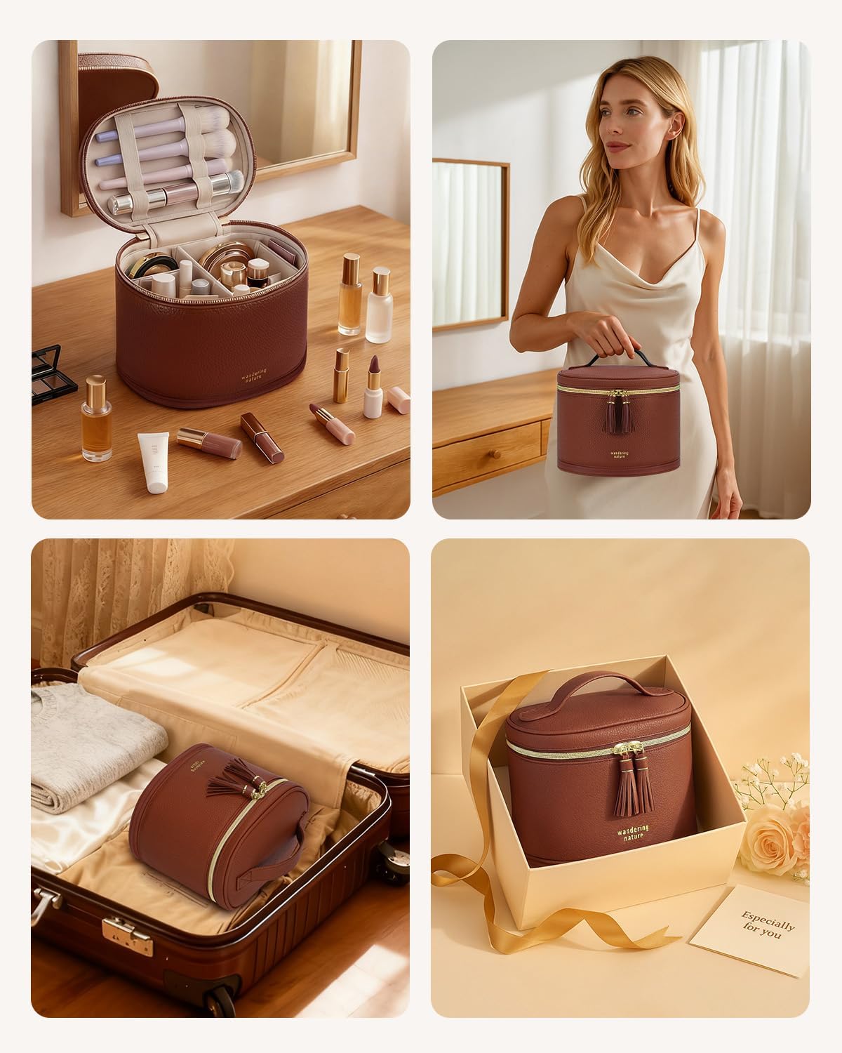 Travel Makeup Bag for Women - Structured Vanity Case with Wipe-Clean EVA Interior & Removable Divider | Fold-Flat PU Leather with Handle