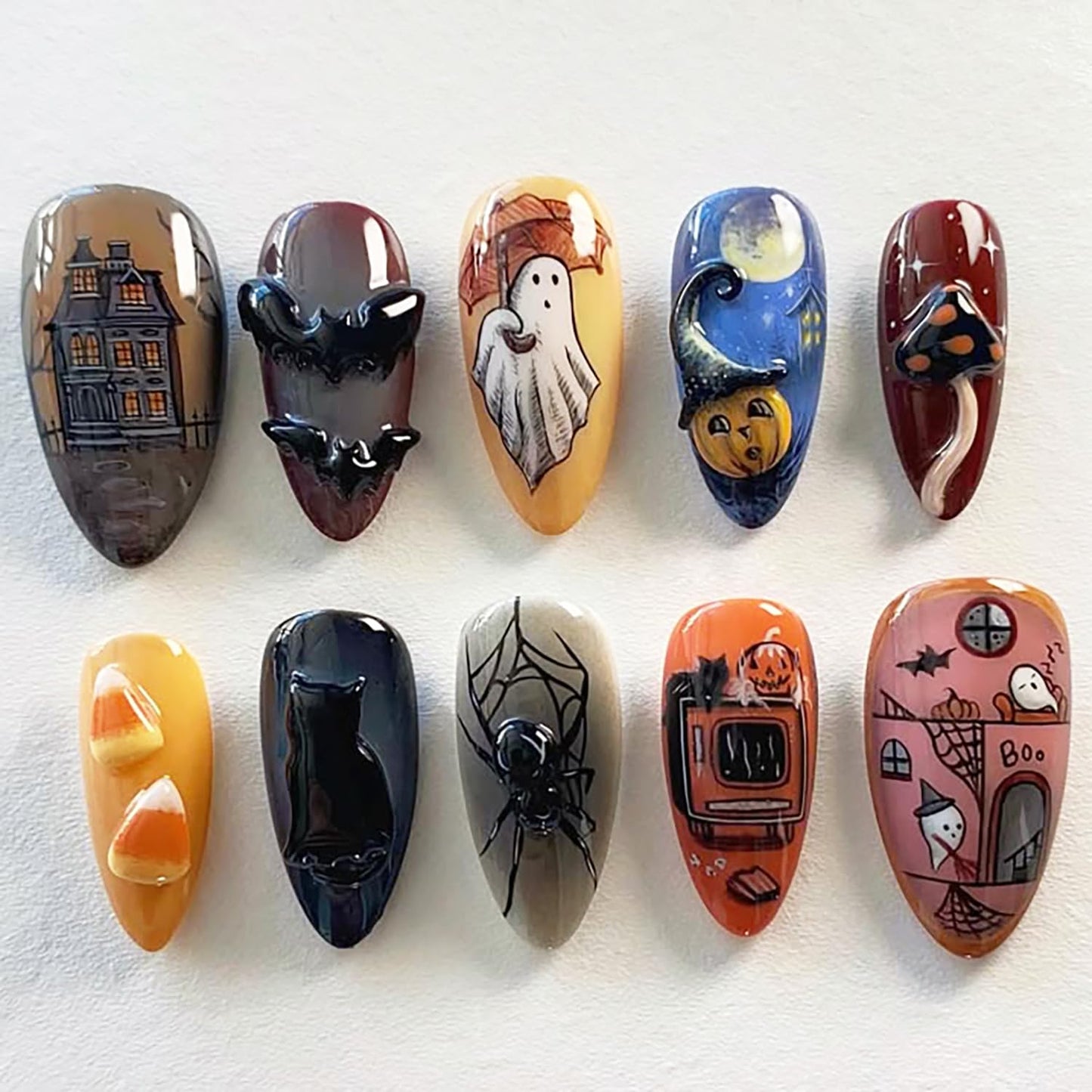 30Pcs Halloween Press-On Nails - 3D Spider & Bat Designs | Medium Almond Acrylic Tips for Women