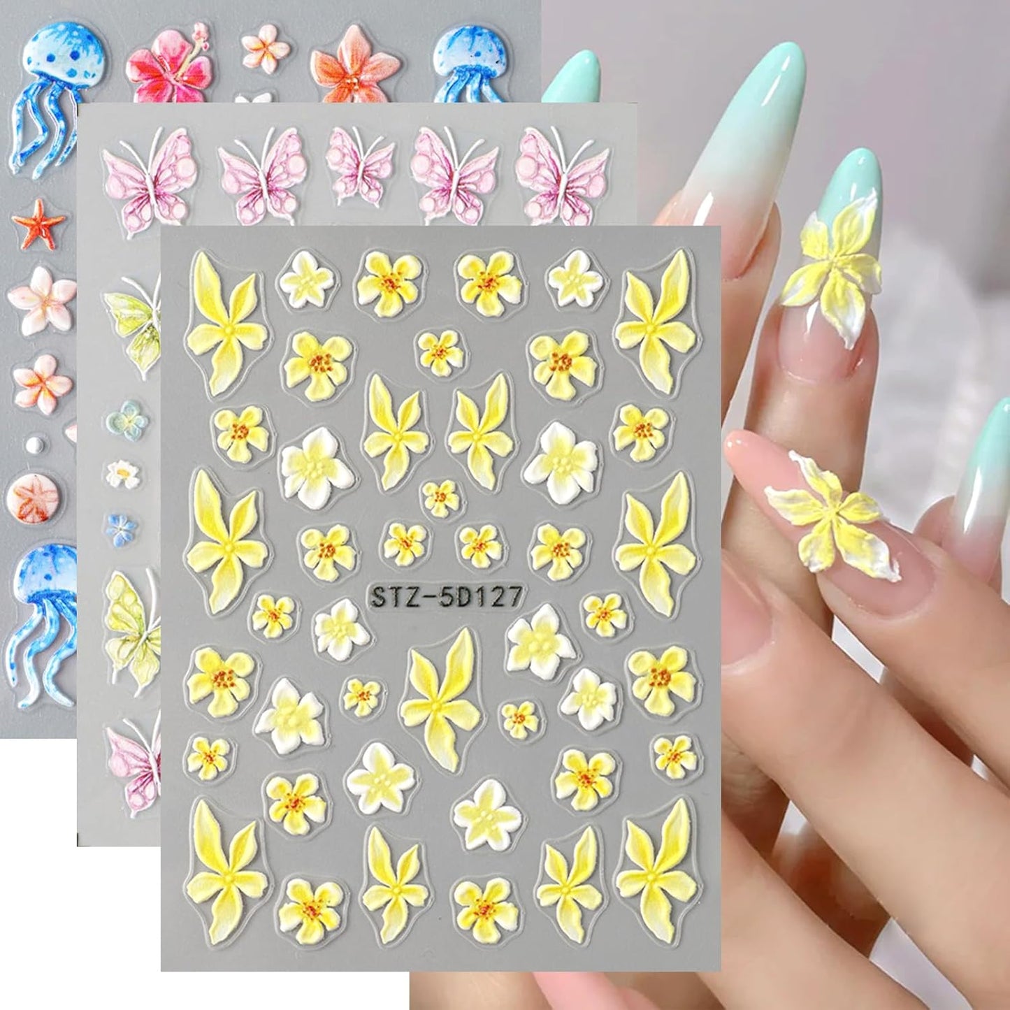 5D Embossed Beach Nail Stickers - Ocean-Themed White & Gold Shell & Starfish Designs | 2PCS Self-Adhesive Nail Art for Summer Manicure