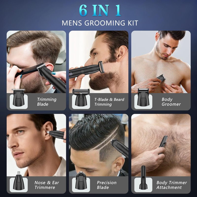 Bomxin Beard Trimmer for Men 6 in 1 Cordless Waterproof Electric Hair Clippers Mustache Body Face Trimmer All in One Grooming Kit with LED Display USB Rechargeable