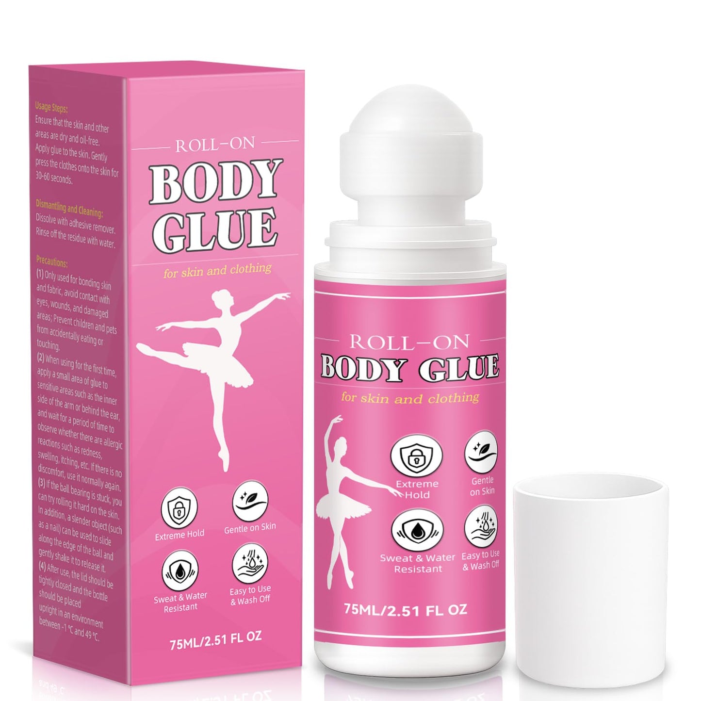 Body Glue for Clothes & Skin 2.54 Oz, Roll-On Body Adhesive, Sweat Resistant, Skin-Friendly and Washable Fashion Glue, Fabric-Safe Fashion Tape Glue for Dancers, Socks, Leotards, Bras, Wigs & Costumes