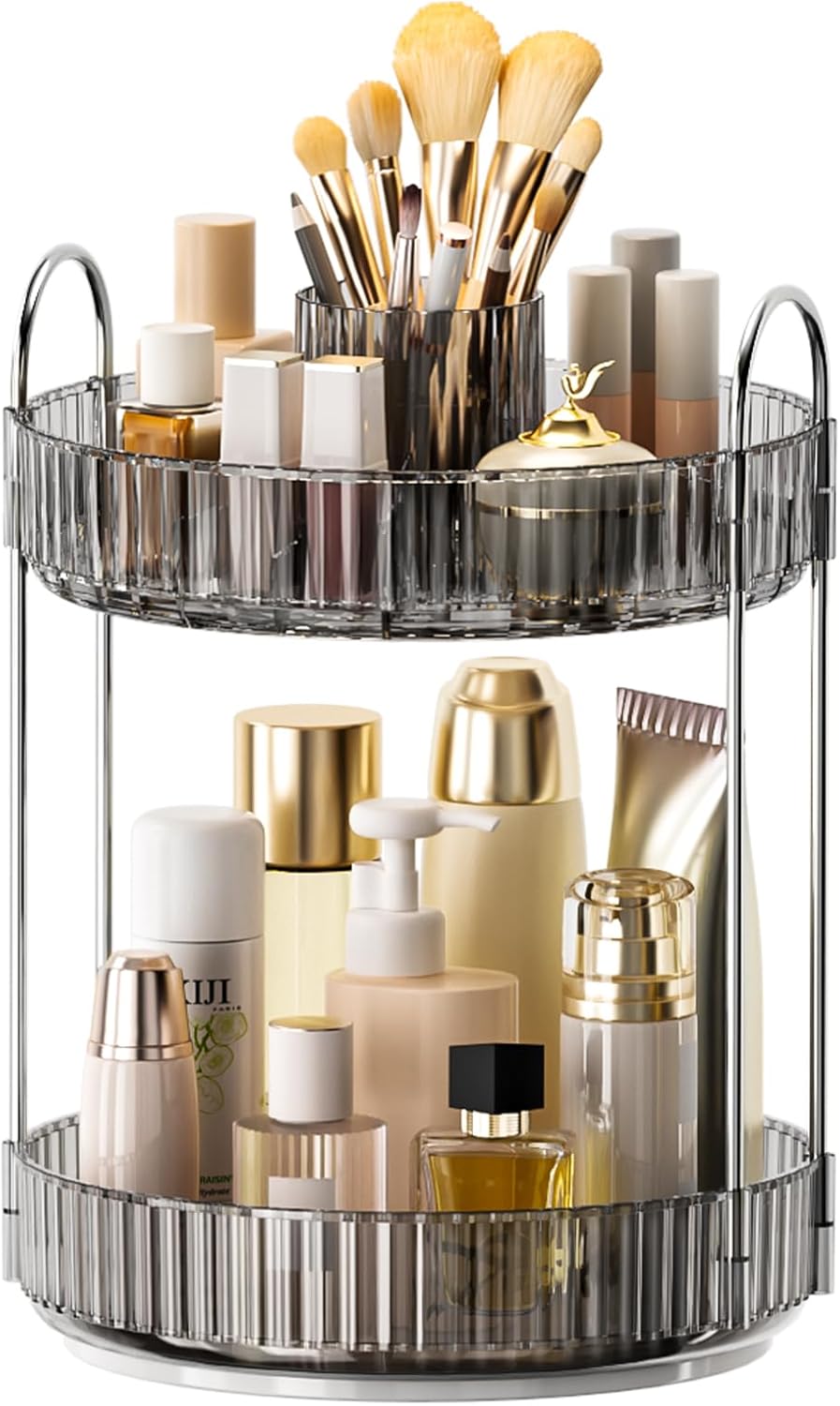 360° Rotating Makeup Organizer - Upgraded 3-Tier Skincare & Perfume Storage | Clear Dresser Organizer with Brush Holder (Amber)