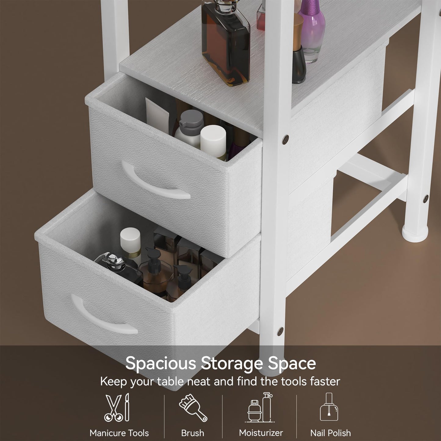 WODRAWER Manicure Table for Nail Tech, Nail Tech Table Station w/4 Storage Drawers & 2 Open Shelves, Nail Table w/Dust Collector for Beauty Salon Tech Station (White)
