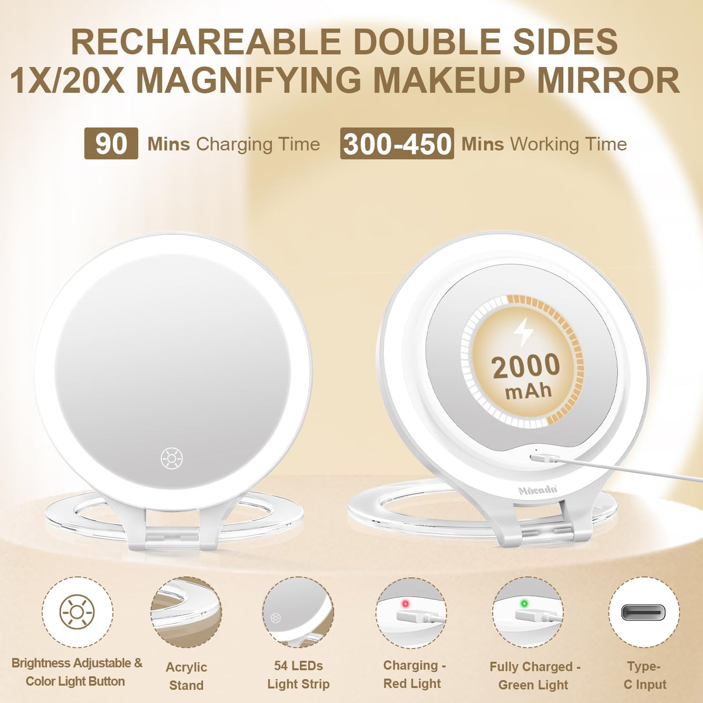 Mocado Travel Makeup Mirror with Light, 1X/20X Magnifying, Double Sided, 3 Color Light, Dimmable Touch, Rechargeable, Tabletop Standing, White