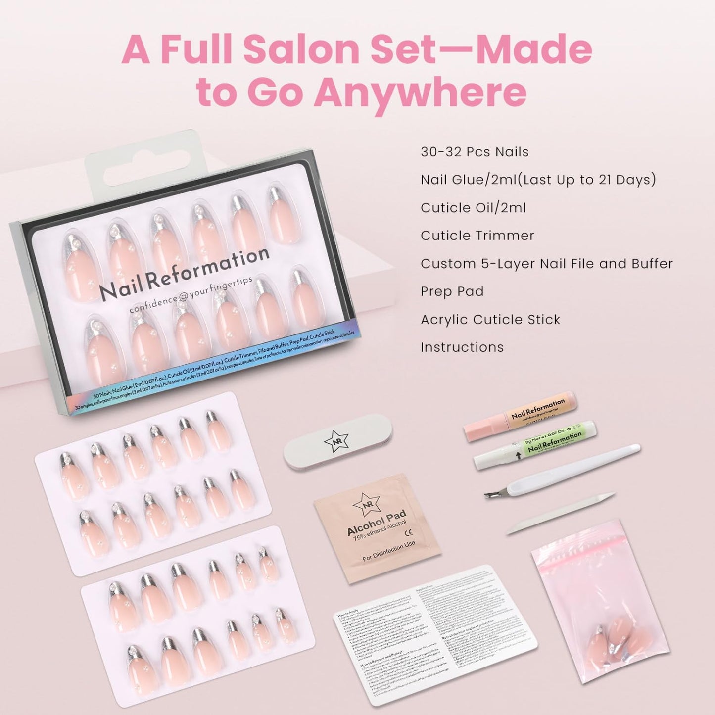 Press On Nails - Sheer Nude Medium Almond with Metallic Silver French Tip & Pearl | 15 Sizes, Reusable Stick-On Nail Kit for Women