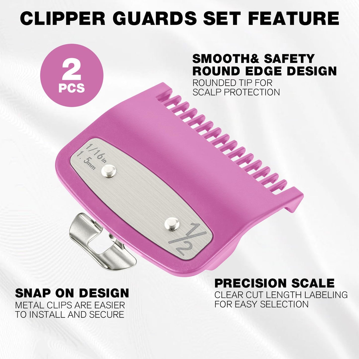 2 Pack Clipper Guards Set, Compatible with wahl 1/2 clipper guards, Guide Comb Attachment 1/16" 1.5mm Metal Hair Clipper Guards Set Replacement and Trimmer accessories, for Barbers and Stylists, Pink