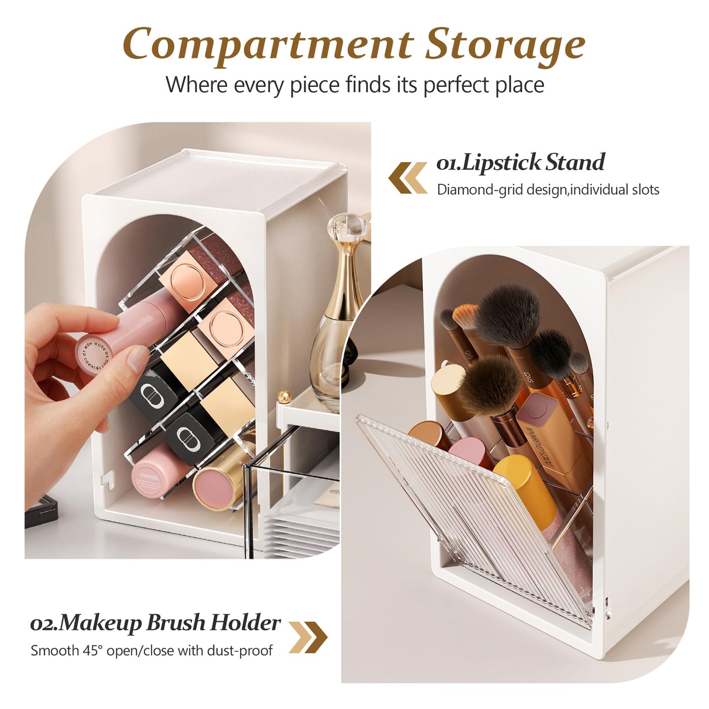 FOLLOWIN Compact Makeup Organizer Set, Lipstick Holder with Grid,Makeup Brush Organizer with Flip Drawer, 2 Ways to Arrange, Milk White Vanity Countertop Storage with Detachable Drawer for Cosmetics