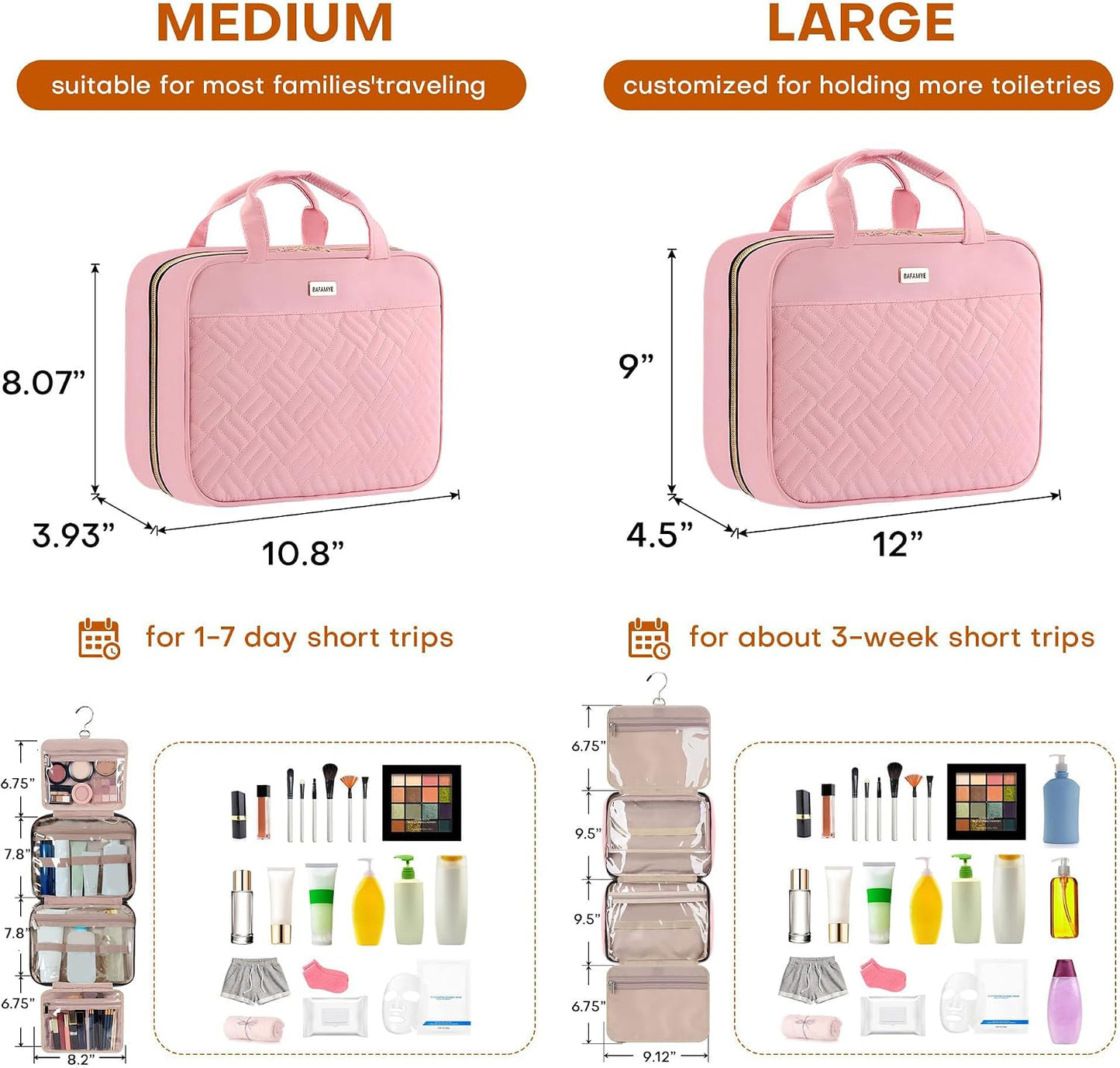 Toiletry Bag - Water-Resistant Travel Organizer with Hanging Hook | Large Light Pink for Makeup & Accessories