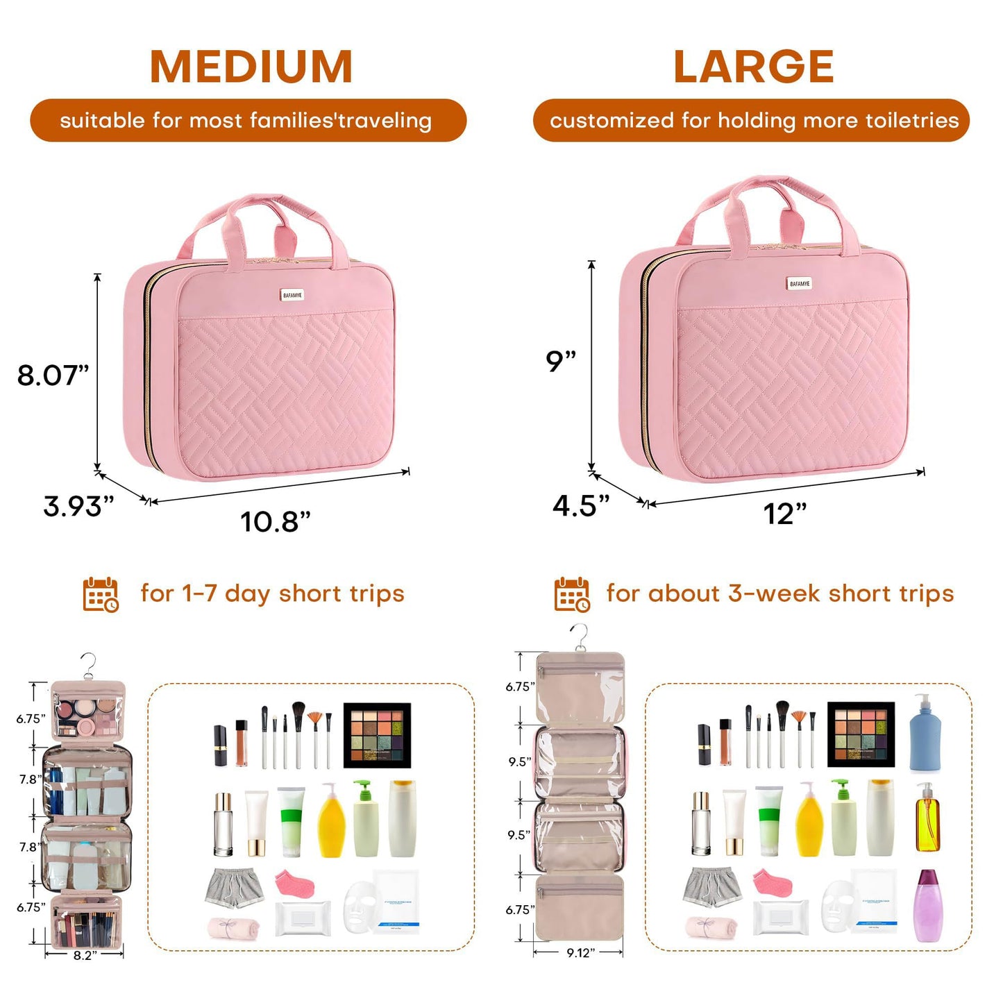 BAFAMYE Toiletry Bag Travel Bag with Hanging Hook, Water-Resistant Makeup Cosmetic Bag Organizer for Accessories, Full-Size Shampoo and Toiletries, Large, Light Pink, BAF-019