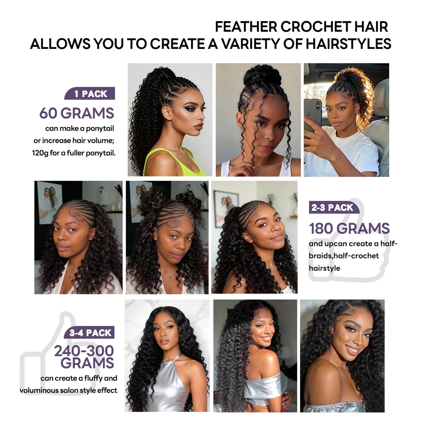 Burmese Curly Feather Crochet Human Hair for Women 16 Inch 60g Invisible Miracle Knots Curly Crochet Human Hair Bundles Pre-Separated Feather Human Hair Extensions Natural Black Human Crochet Hair