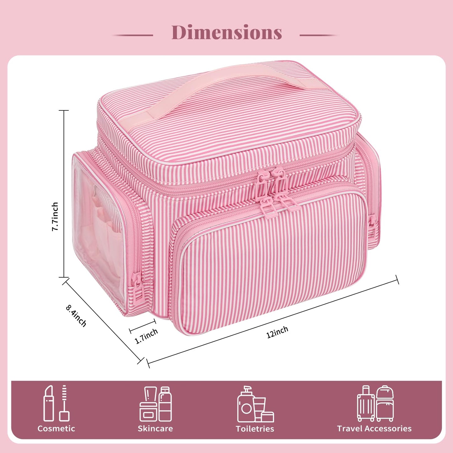 Large Makeup Bag, Portable Travel Makeup Bag Organizer for Women Girls with Makeup Brush Compartment & Two Side Pockets, Cosmetic Travel Bag Vertical Storage Toiletry Bag - Pink Stripe