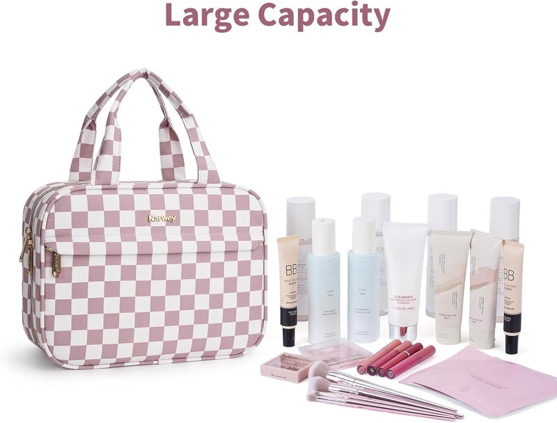 Hanging Toiletry Bag for Women - Checkered Travel Makeup Organizer | Medium Dusty Pink Checkerboard