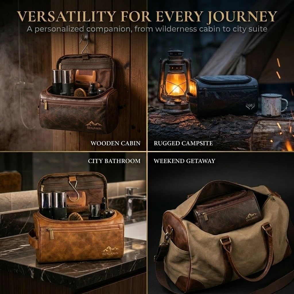Personalized Leather Toiletry Bag for Men - Custom Engraved Travel Organizer | Groomsmen Gift (Coffee)