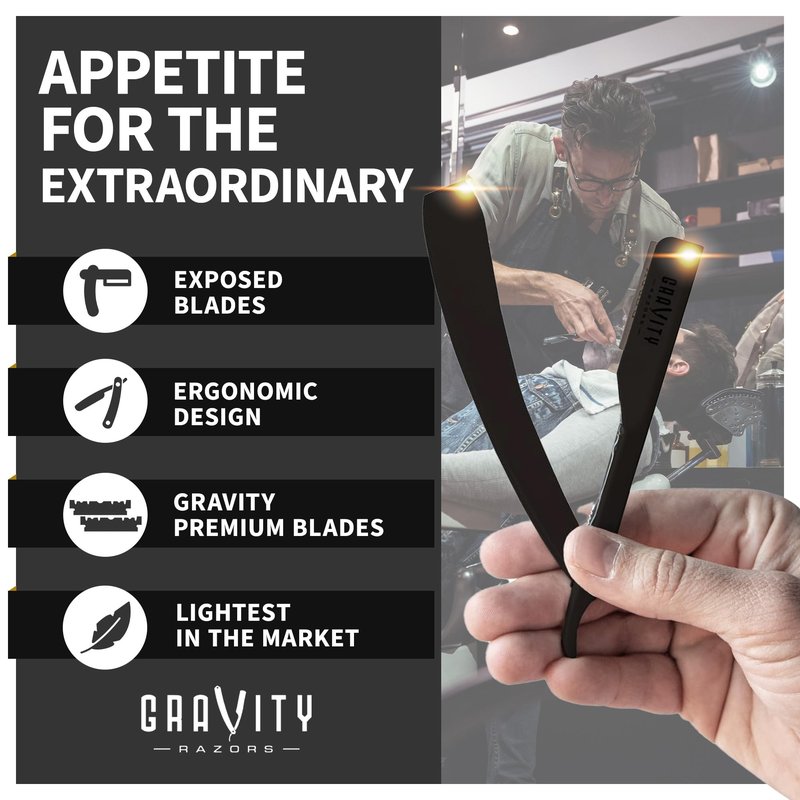 GRAVITY RAZORS Professional Straight Razor Kit – Ultra Exposure, Includes 10 Premium Blades, 2mm Exposed, Matte Black