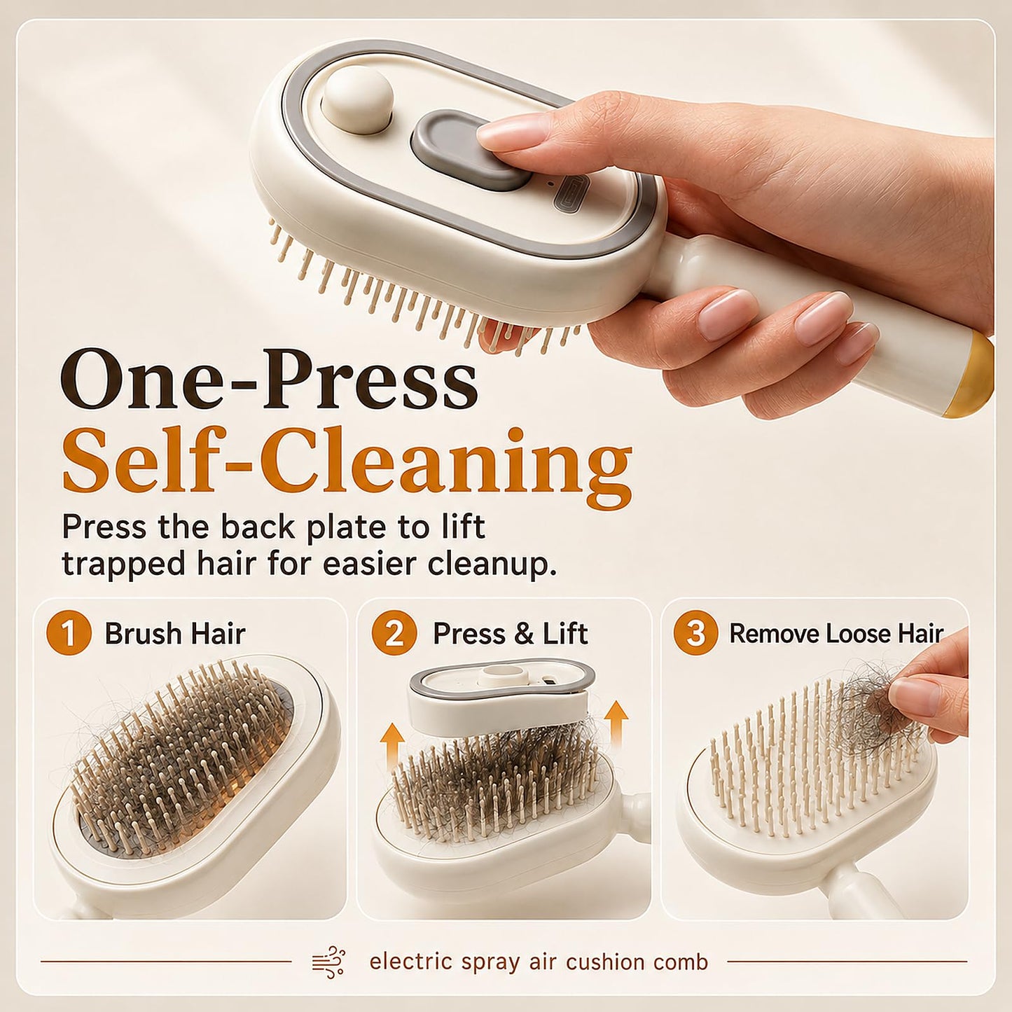 Electric Spray Air Cushion Massage Comb, Rechargeable Mist Hair Brush with Self-Cleaning Design, Detangling Brush for Frizzy Hair, Flyaways & Scalp Comfort(Beige)