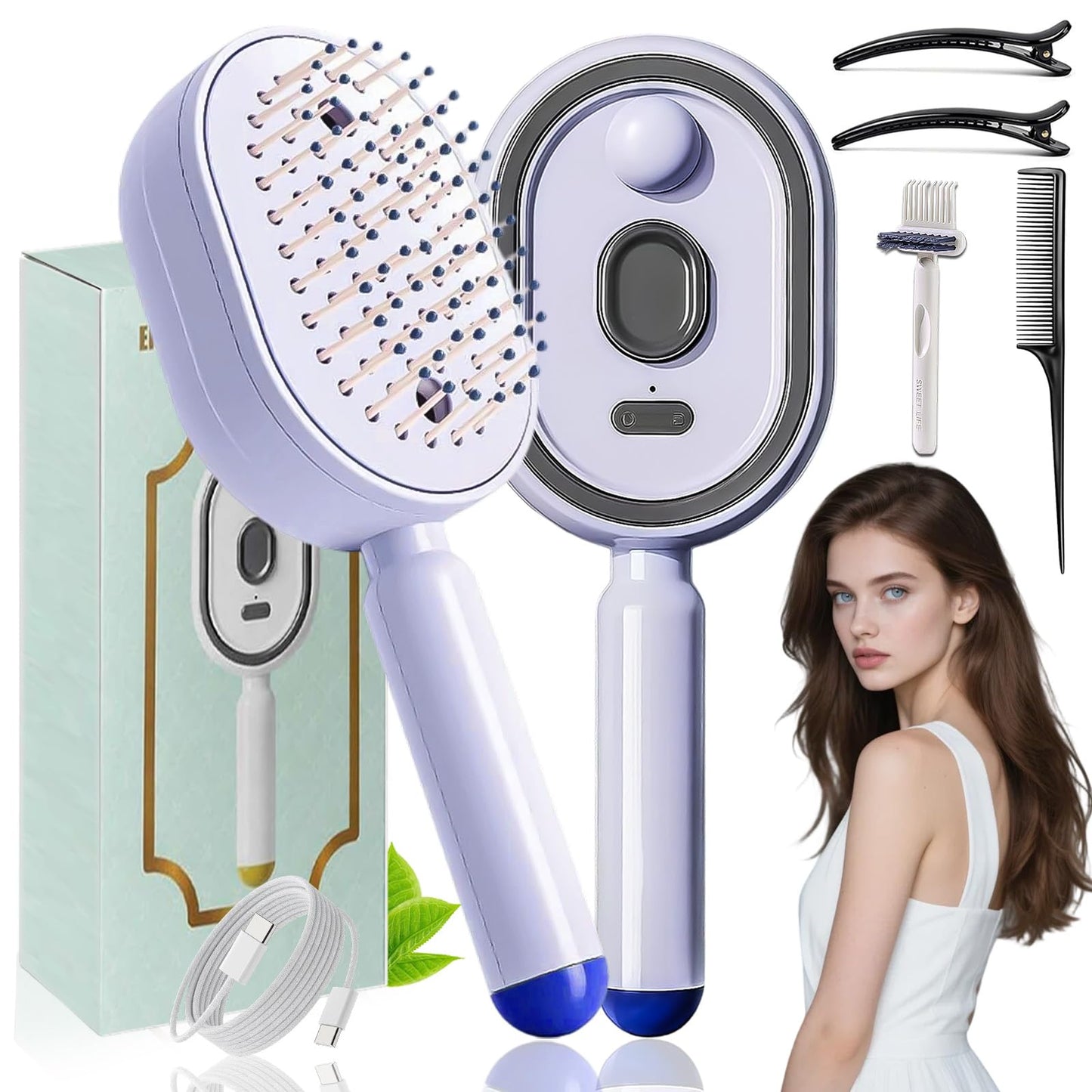 Electric Spray Air Cushion Massage Comb with Self-Cleaning, Anti-Tangle, Anti-Static, Volumizing Fun, Rechargeable Detangling Electric Steam Brush, Steam Hair Straightener for Daily Care (Purple)