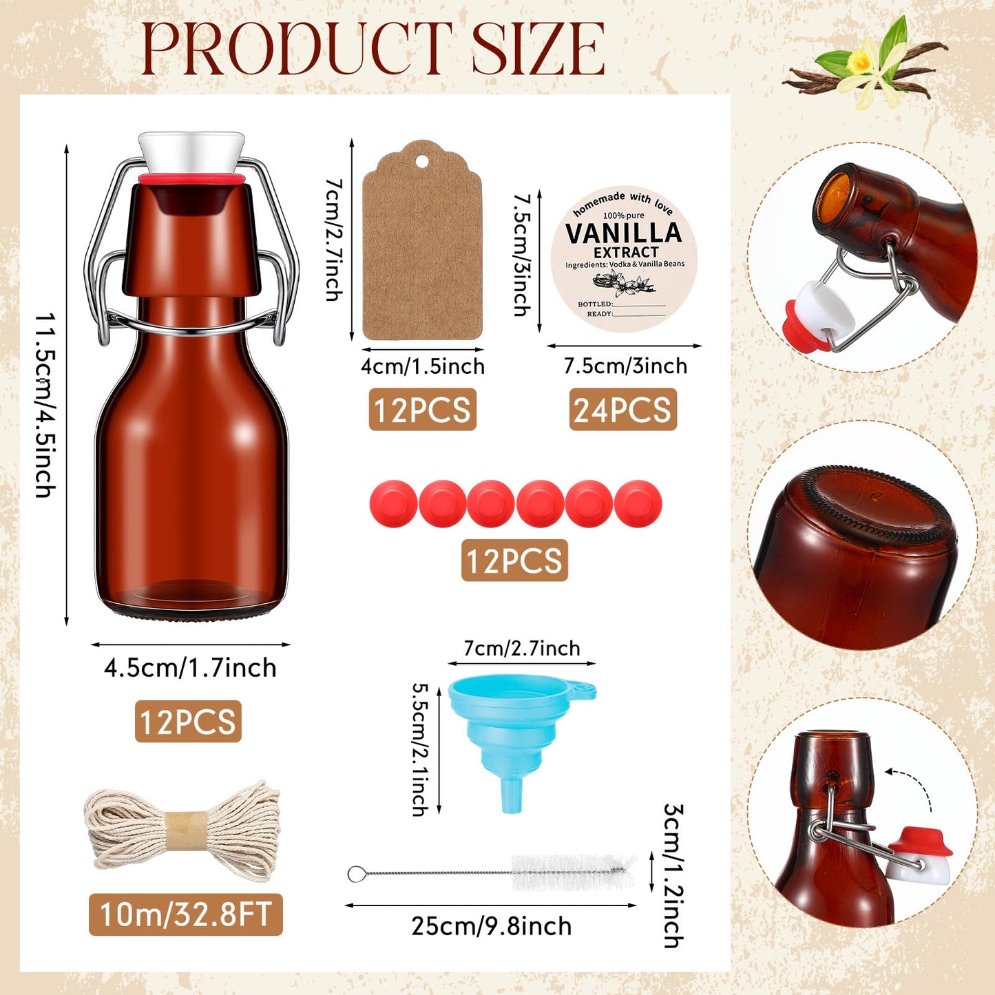Vesici 12 Sets Swing Top Glass Bottles Set Amber Homemade Vanilla Extract Bottles Vanilla Extract Jars for Christmas DIY Crafts (2 Oz)