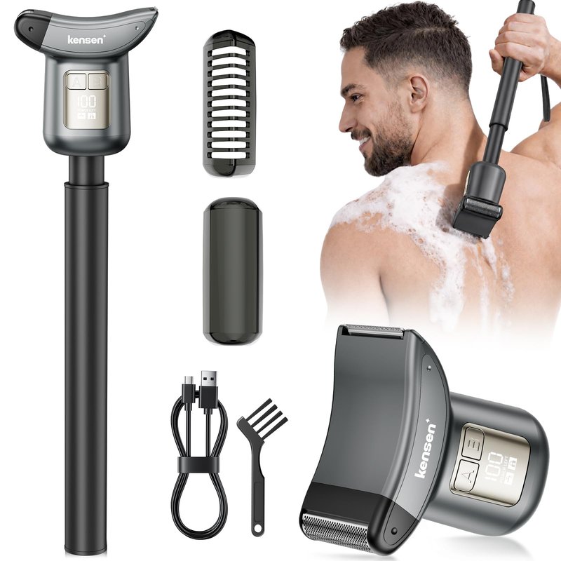 kensen Back Hair Trimmer – 2-in-1 Dual Blade (Foil + T-Blade) LED Power Display IPX6 Waterproof Type-C Fast Charging Extendable Handle for Men’s Body Grooming for Back Chest Shoulders Foot Hair