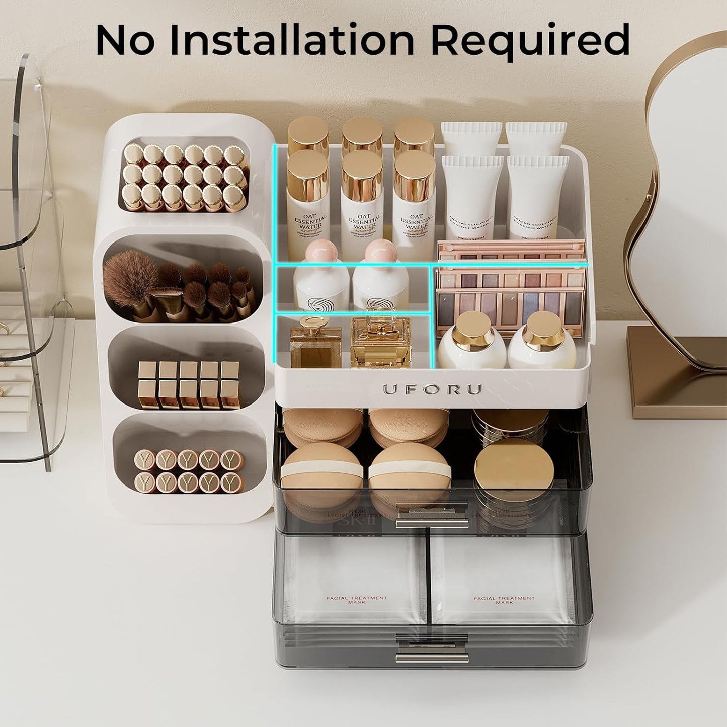 Makeup Organizer for Vanity - Large Capacity Skincare & Cosmetic Display Case with 2 Drawers | Brush Holder & Perfume Storage