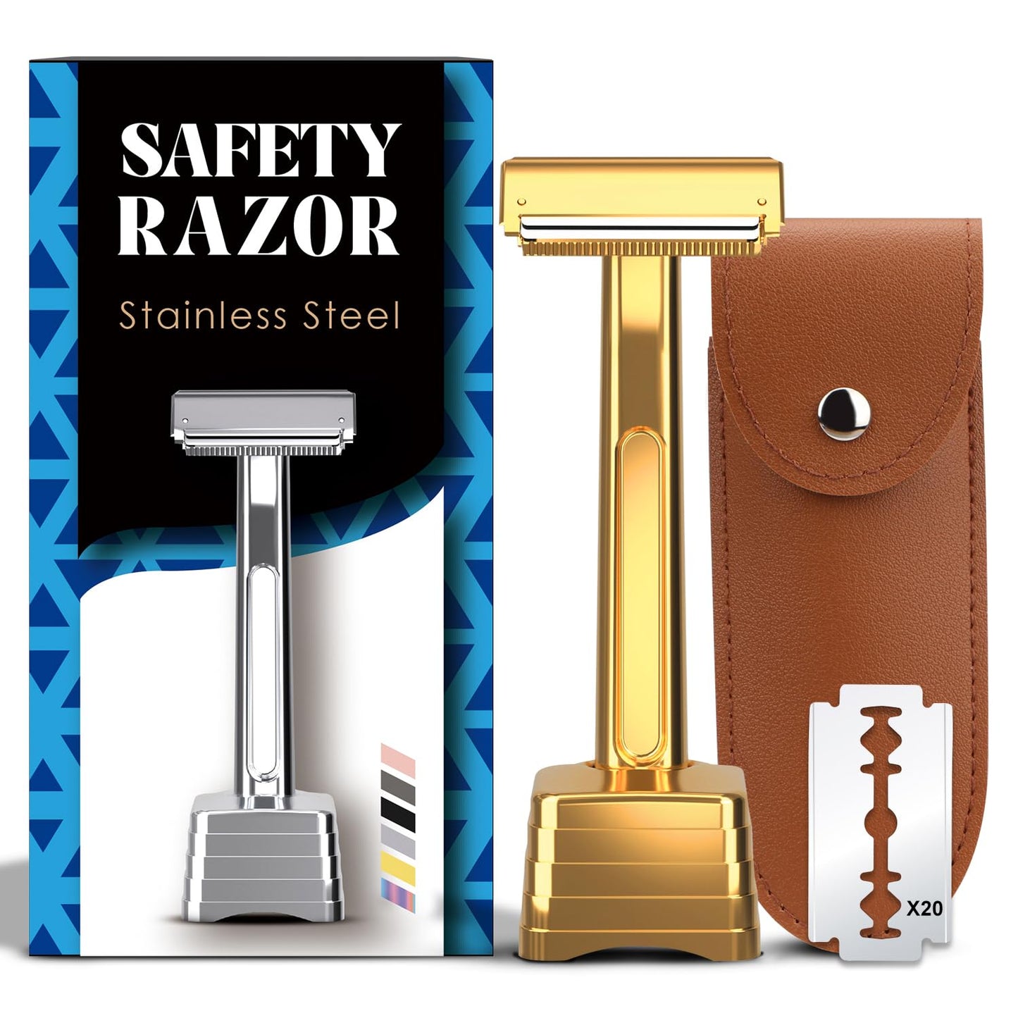 THURLADY Dual-Blade Safety Razor with Pivoting Head, Reusable Metal Razors for Men, with 20 Double Edge Blades and Stand, Smooth Close Clean Shave, Golden
