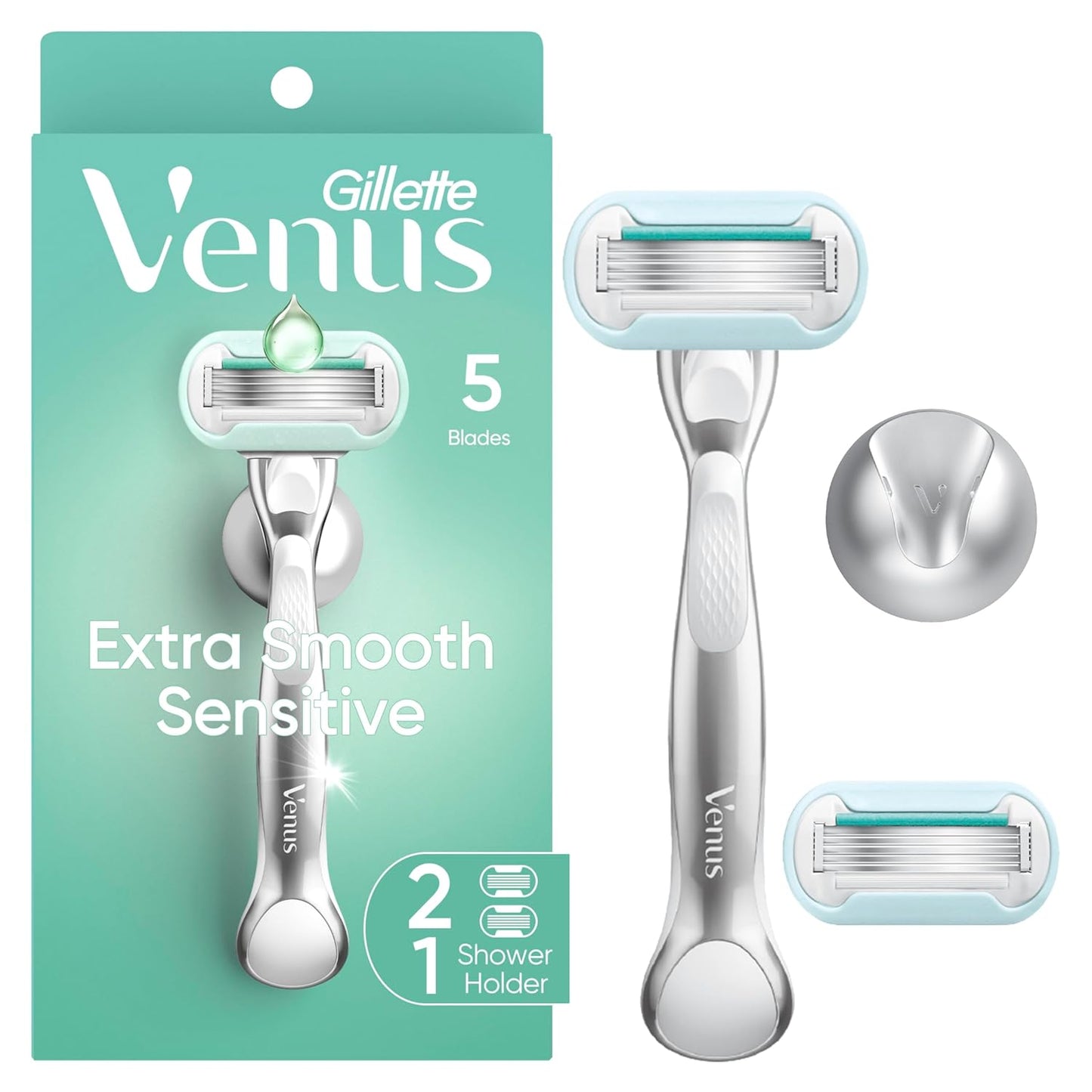 Gillette Venus Extra Smooth Sensitive Razor - Reusable Handle & 2 Refills for Sensitive Skin | Includes Shower Holder