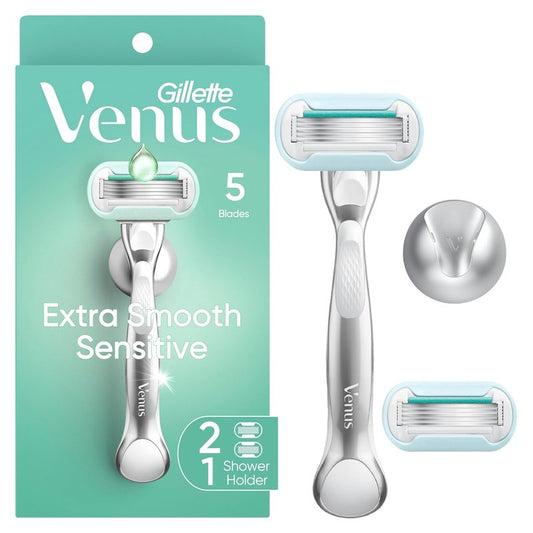 Gillette Venus Extra Smooth Sensitive Razor - Reusable Handle & 2 Refills for Sensitive Skin | Includes Shower Holder