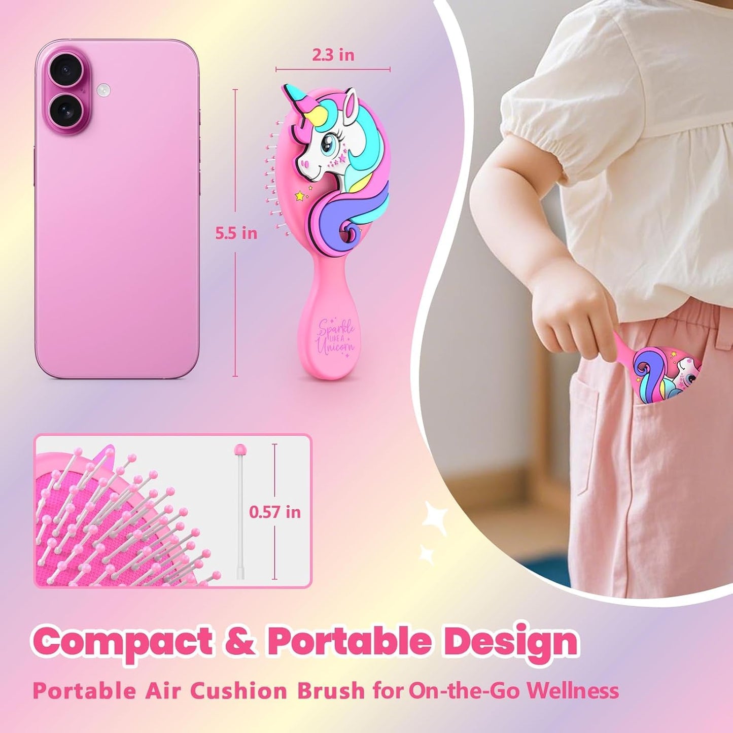 Toddler Hair Brush - Gentle Detangling Brush for Boys & Girls | Aqua Mini Unicorn Design, Travel-Friendly, Ball-Tip Bristles
