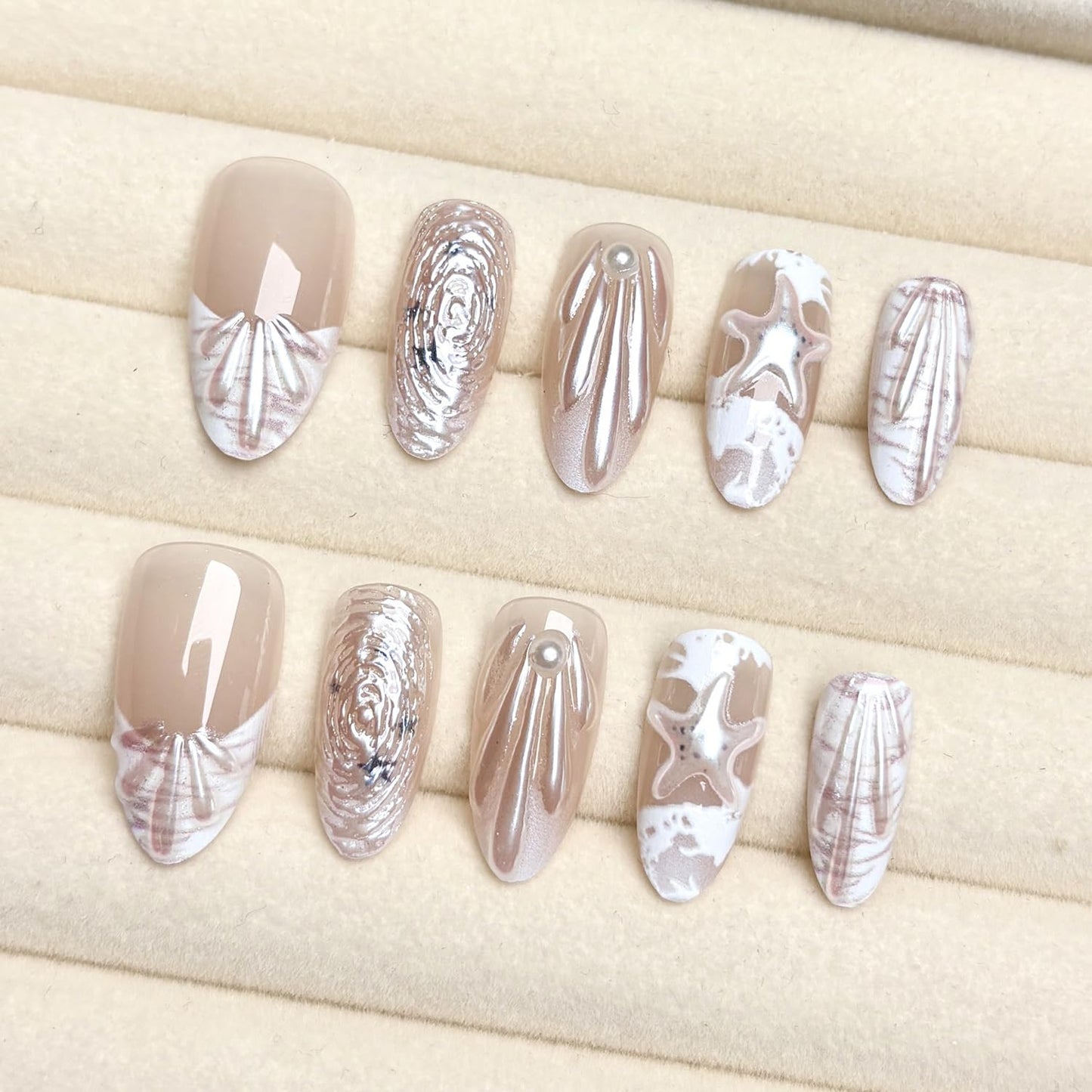 30Pcs Summer Beach Press-On Nails - Medium Almond French Tip with 3D Pearl Seashell Designs | Ocean-Inspired Acrylic Nails for Women
