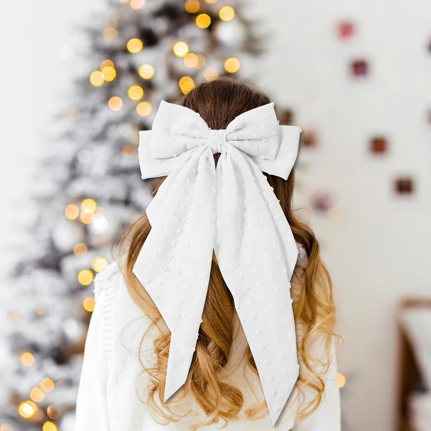 Large Hair Bows for Women - 4 Pcs Big Bow Clips | French Barrette Bowknot with Long Tail (Pink, Blue, White, Black)