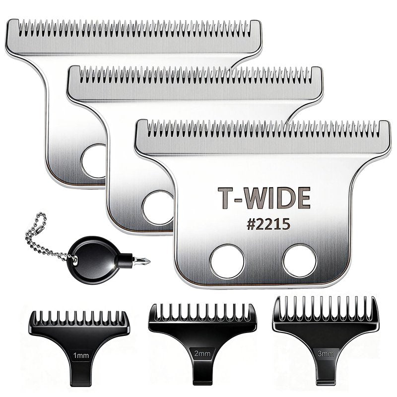 2PCS 2215 Replacement T Wide Blades Compatible with Wahl 5 Star Detailer Li Trimmer(8081) and (8171) - Adjustable Stainless-steel Zero-Gap Trimmer Blade ((3pcs-silver)