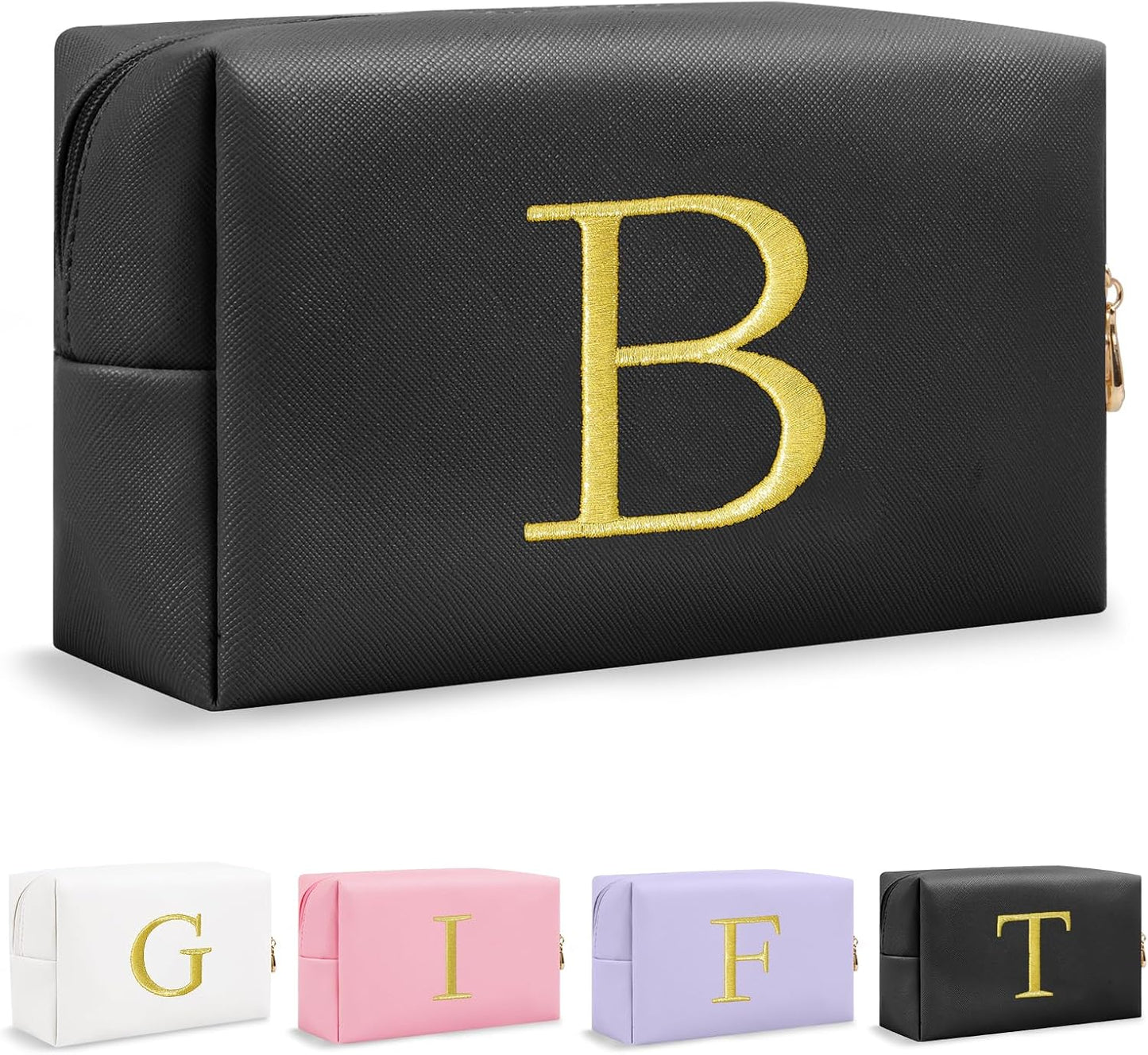 Personalized Initial Makeup Bag - Gold Embroidered Cosmetic Bag for Teens | Custom Travel Toiletry Bag (Black)