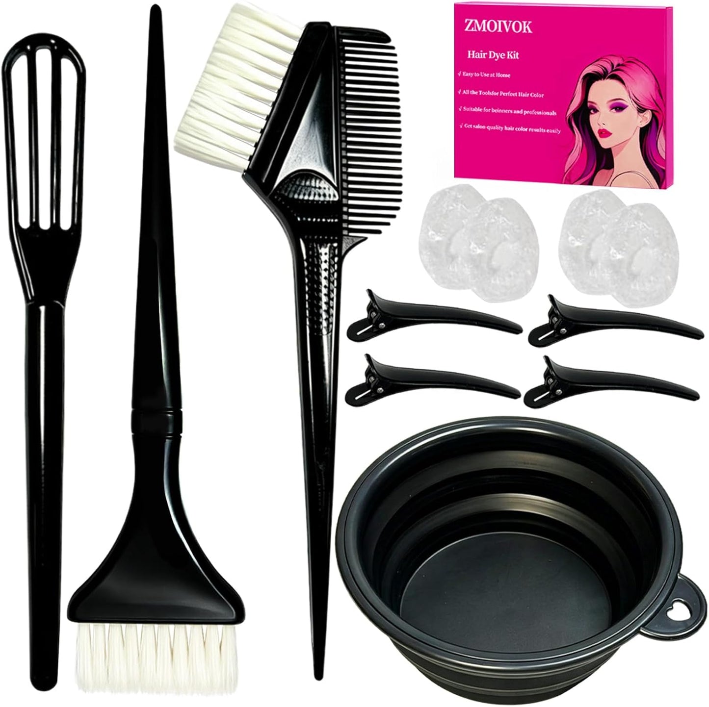 Professional Hair Dye Kit - 12 Pcs Salon Tools Set with Brush, Bowl, Clips & Gloves | Black Hair Bleaching & Highlighting