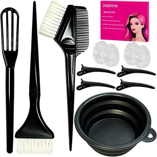 Professional Hair Dye Kit - 12 Pcs Salon Tools with Brush, Bowl, Clips, Gloves & Ear Covers | Black Hair Bleaching & Highlighting Set