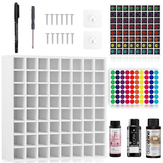 64 Grids Hair Color Organizer for 2oz Shades EQ Wall Mounted Hair Color Rack Stackable Hair Dye Holder Paint Bottle Rack Stand for Salon Decor Lumishine Igora Vibrance Deepshine Use (1, White)