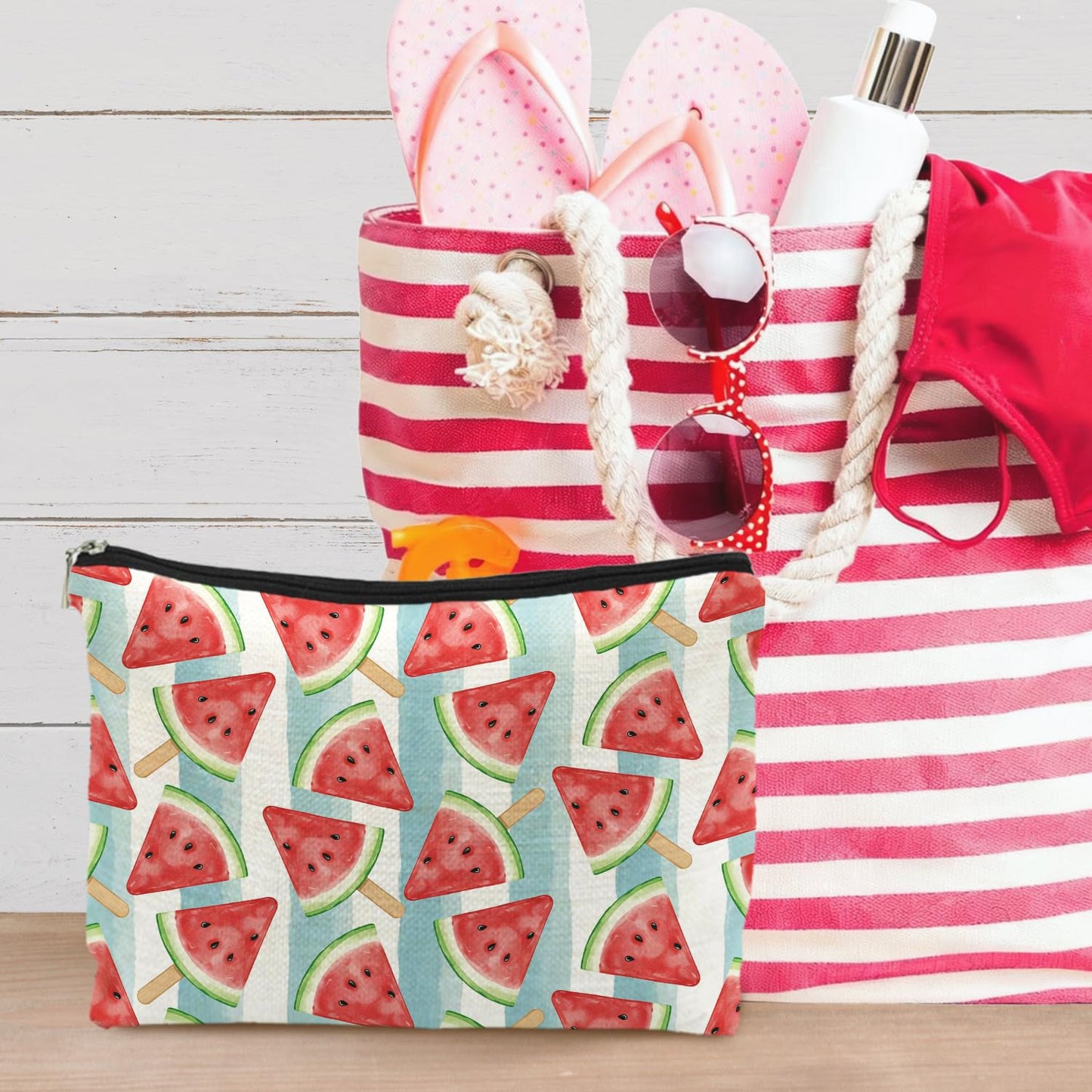 FWSFD Watermelon Makeup Bag, Watermelon Gifts Cosmetic Bags for Women, Fruit Lover Gifts, Cute Summer Fruit Striped Zipper Makeup Pouch Travel Toiletry Bag