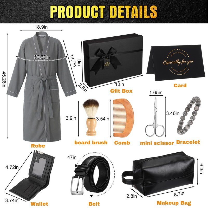Shyyween 10 Pcs Birthday Gifts Baskets for Men Father Gift Get Well Soon Gifts Beard Care Set Graduation Gift for Him with Bathrobe, Wallet, Beard Comb & Brush Set for Dad Boyfriend Husband(Gray)