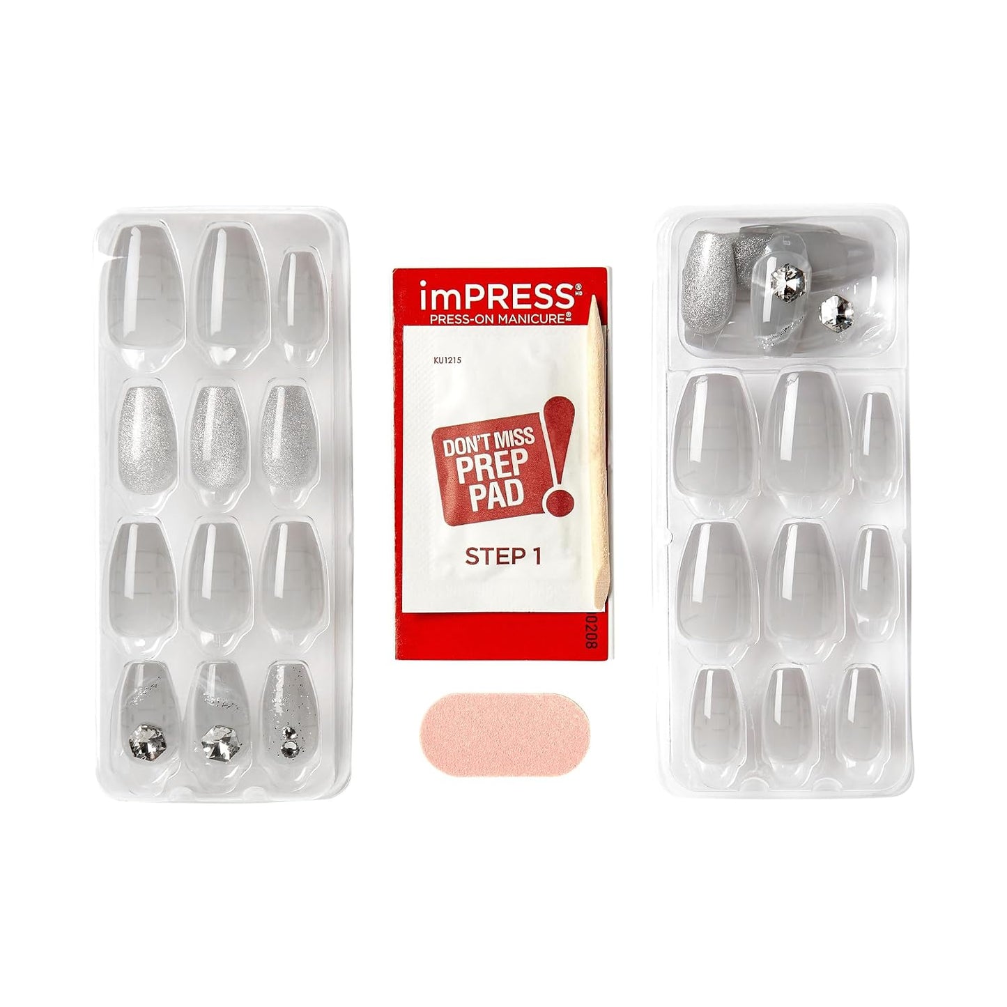 KISS imPRESS Press-On Manicure - Gray V-Cut Stone Fake Nails | Medium Ballerina/Coffin Shape, Easy Application, 30 Count