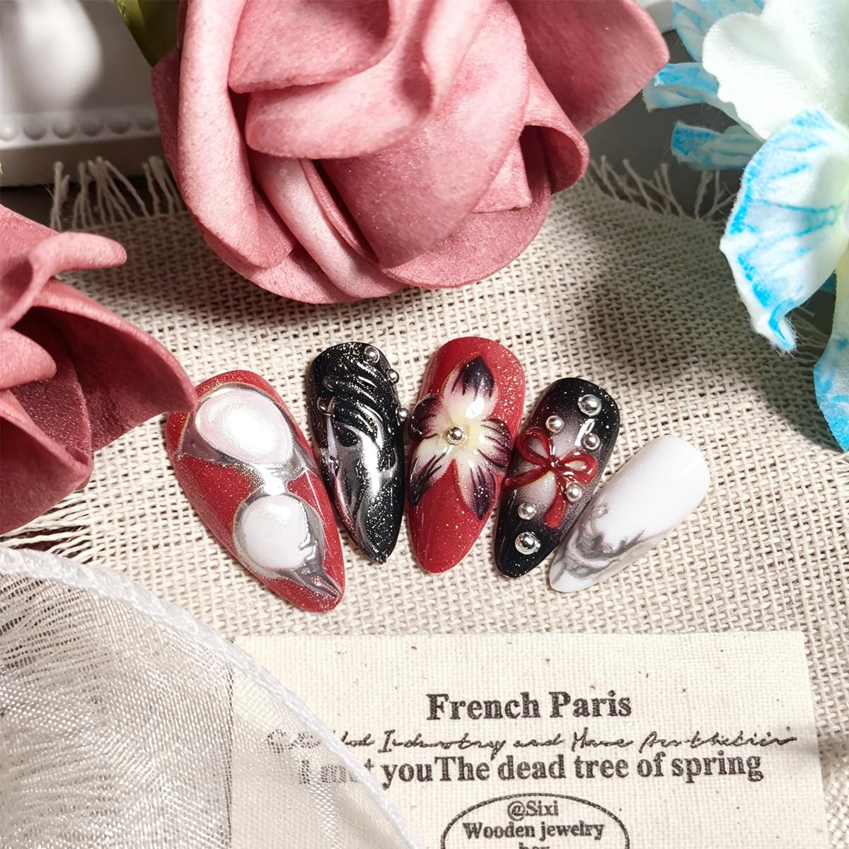 Medium Almond Press-On Nails - Y2K Gothic 3D Flower Design | Black & Red Punk Acrylic Set, 24 Pcs