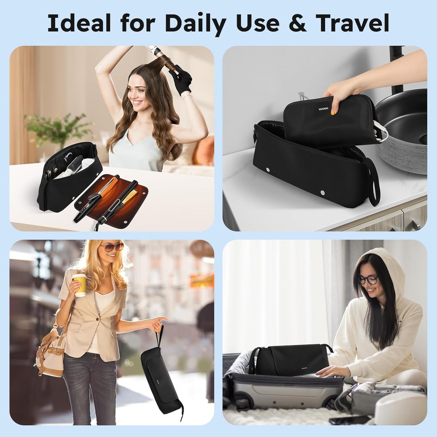 MOKURA Travel Hair Tools Organizer Bag - Heat Resistant Mat, Removable Storage Pouch for Curling Iron & Straightener | Black