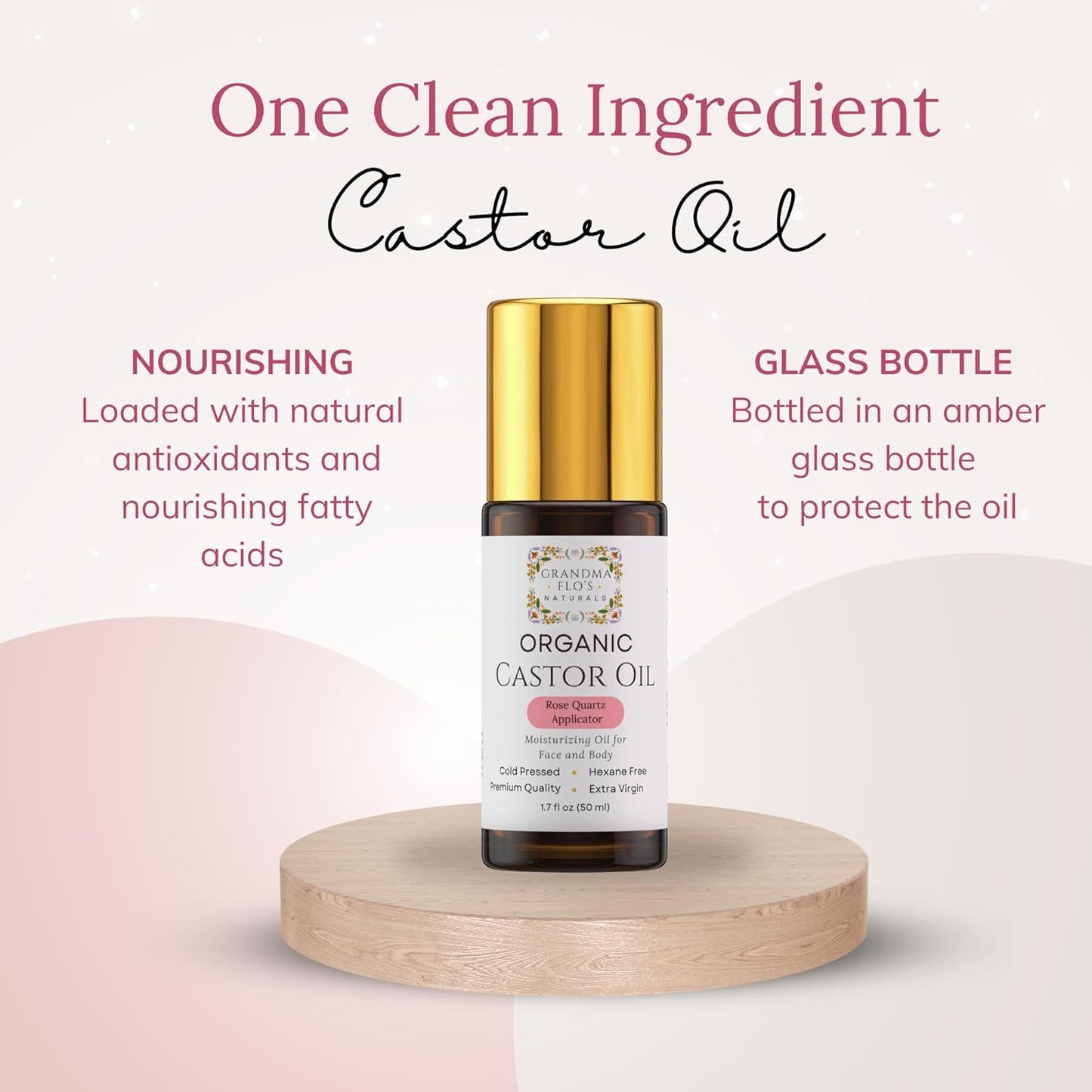 Organic Castor Oil with Rose Quartz Roll-On | Cold Pressed, Hexane Free, Unrefined - 50ml for Hair Growth & Skin Moisturizing