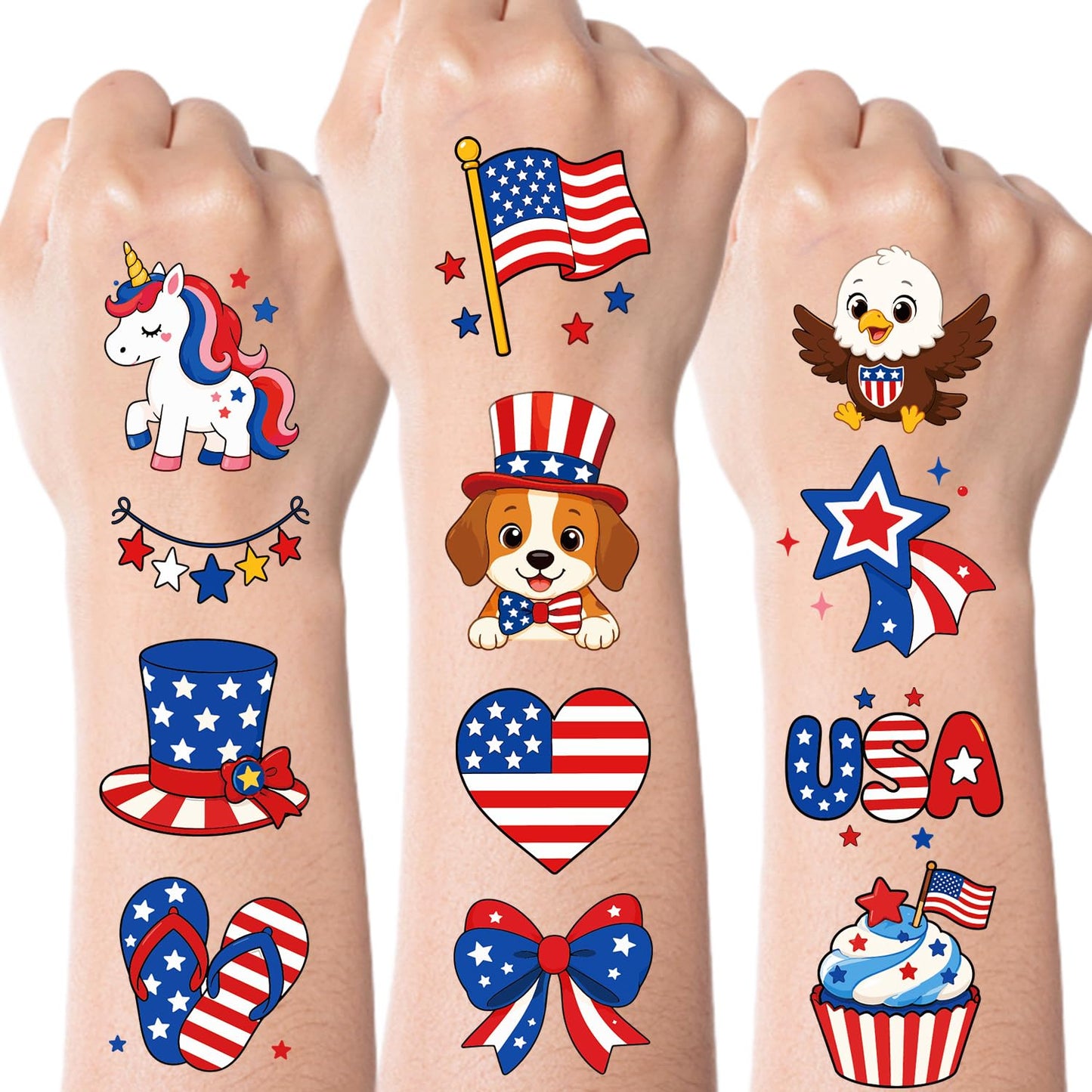 4th of July Temporary Tattoos - Cute Independence Day Stickers for Kids & Adults | Red, White & Blue Party Favors