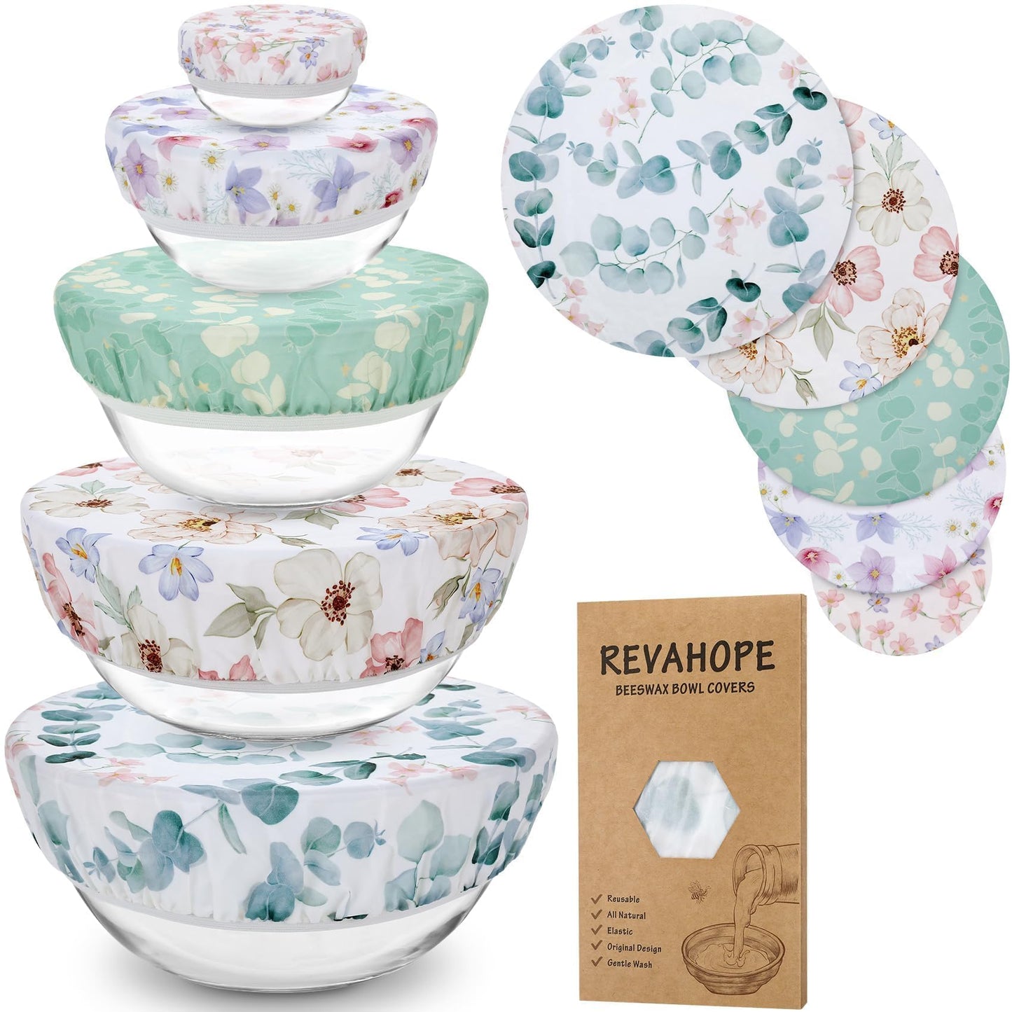 Revahope 5-Size Reusable Beeswax Elastic Bowl Covers for Bread Proofing, Cotton Cloth Flexible Beeswax Wraps for Sourdough Cover and Food Storage Shower Caps for Sourdough Bread Supplies Tools