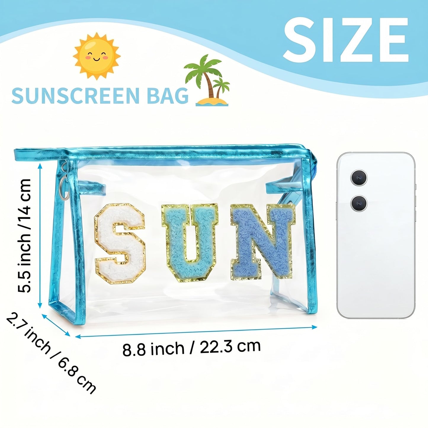 NOVAHAUS Clear Sunscreen Bag Makeup Toiletry Pouch, Waterproof Travel Cosmetic Organizer for Beach Pool Vacation, Transparent Sunscreen Bags with Blue Design for Women Teen Girls