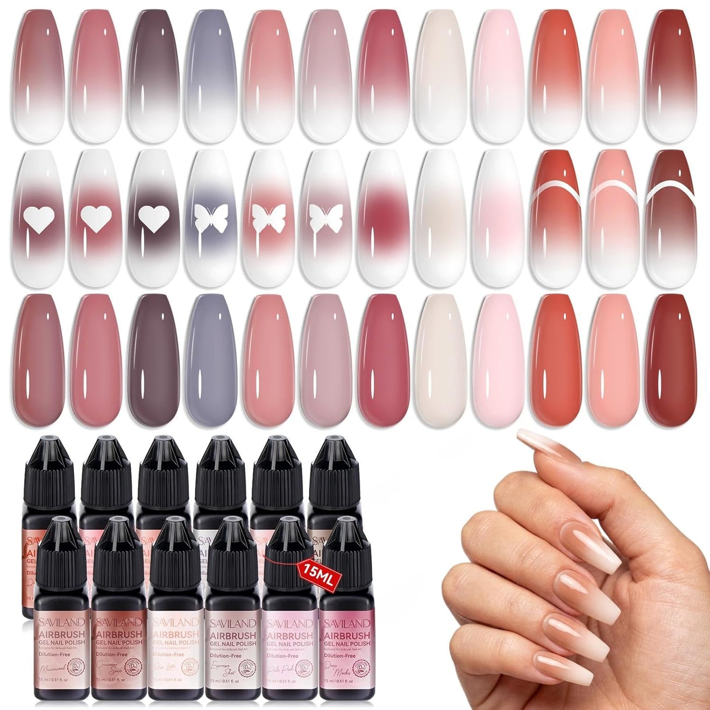 SAVILAND Airbrush Gel Polish Set | 12 Macaron Colors, HEMA & Acetone Free, 4-Week Wear for Nail Artists