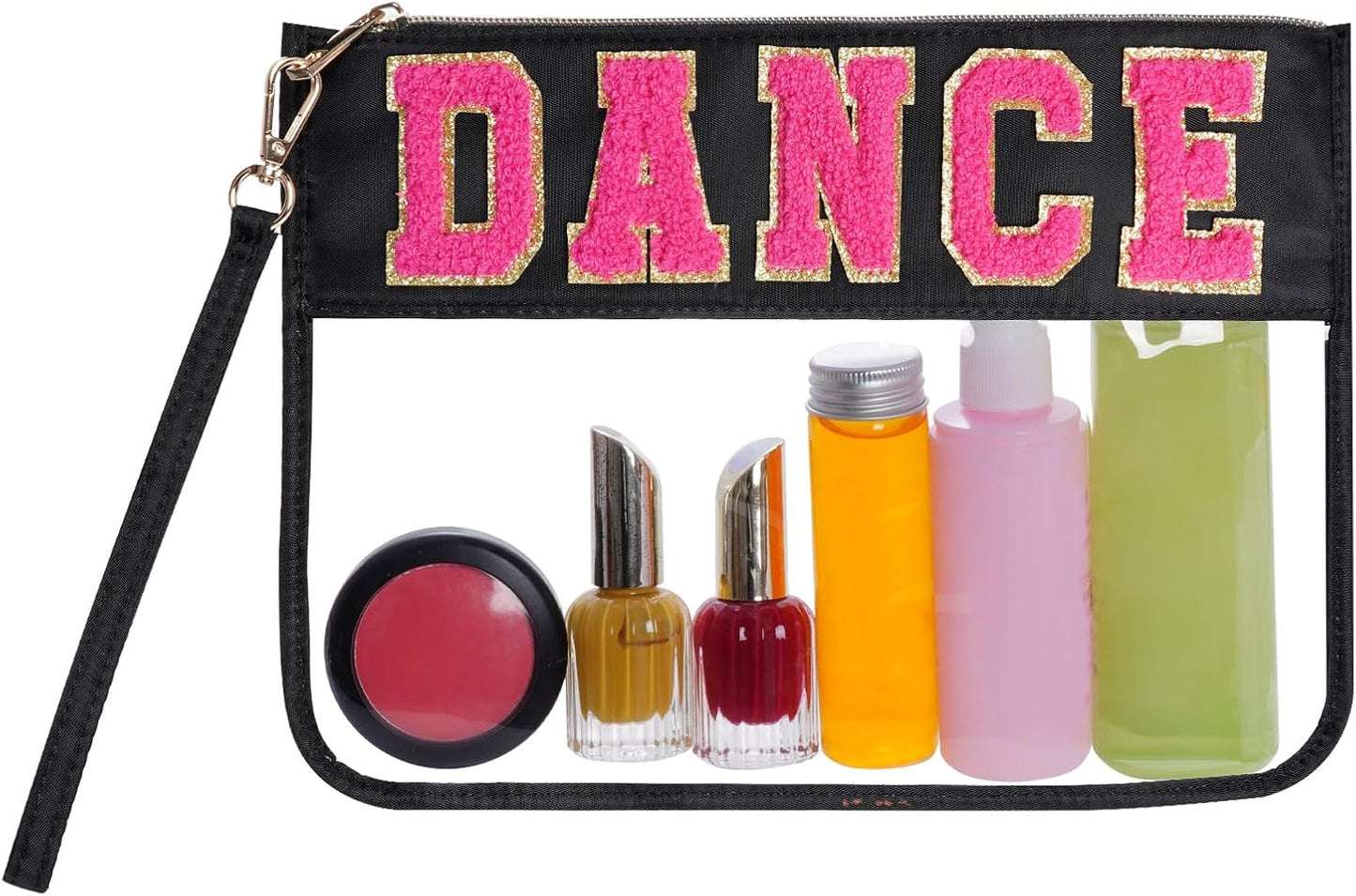 Chenille Letter Bag - Multi-Purpose Nylon Cosmetic Bag with Zipper | Travel & Gym Pouch (Black-Dance)