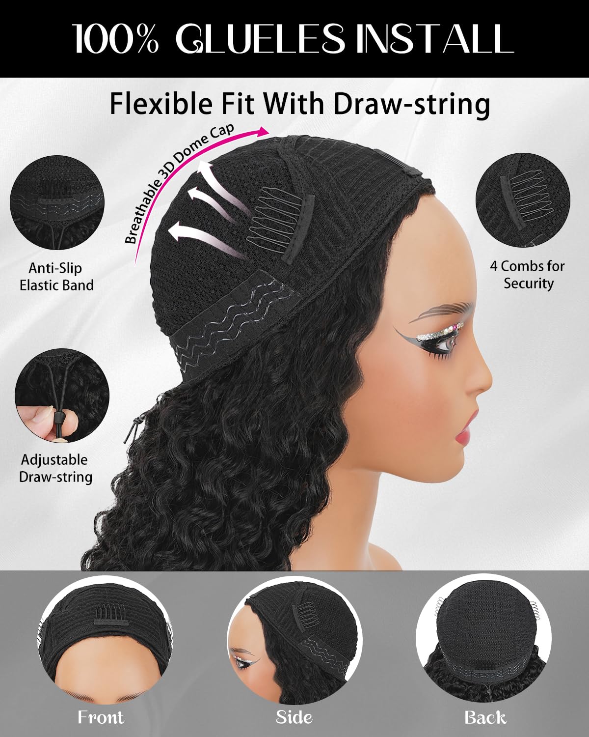 Burmese Curly Half Wig - Human Hair Glueless Drawstring Wig for Black Women | 24-Inch Natural Black, 180% Density
