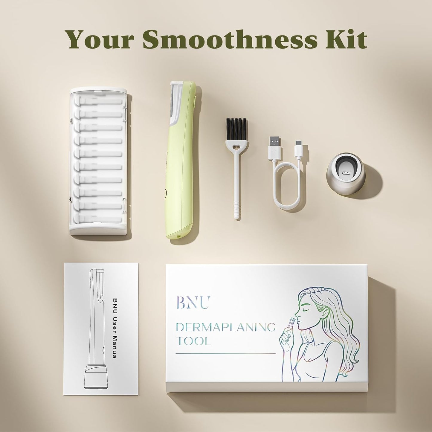 Dermaplaning Tool for Face - Sonic Razor with LED Light | 3 Speed Rechargeable Exfoliator & 10 Refill Blades - Green