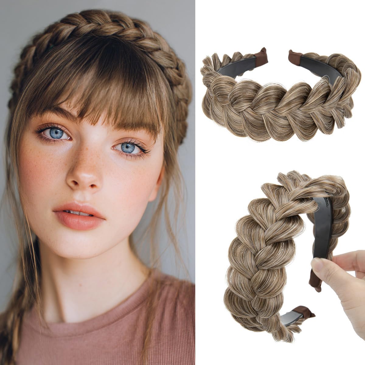 Braided Headbands for Women - Handmade Synthetic Hair Hoops with Teeth | Sand Color, 1PC