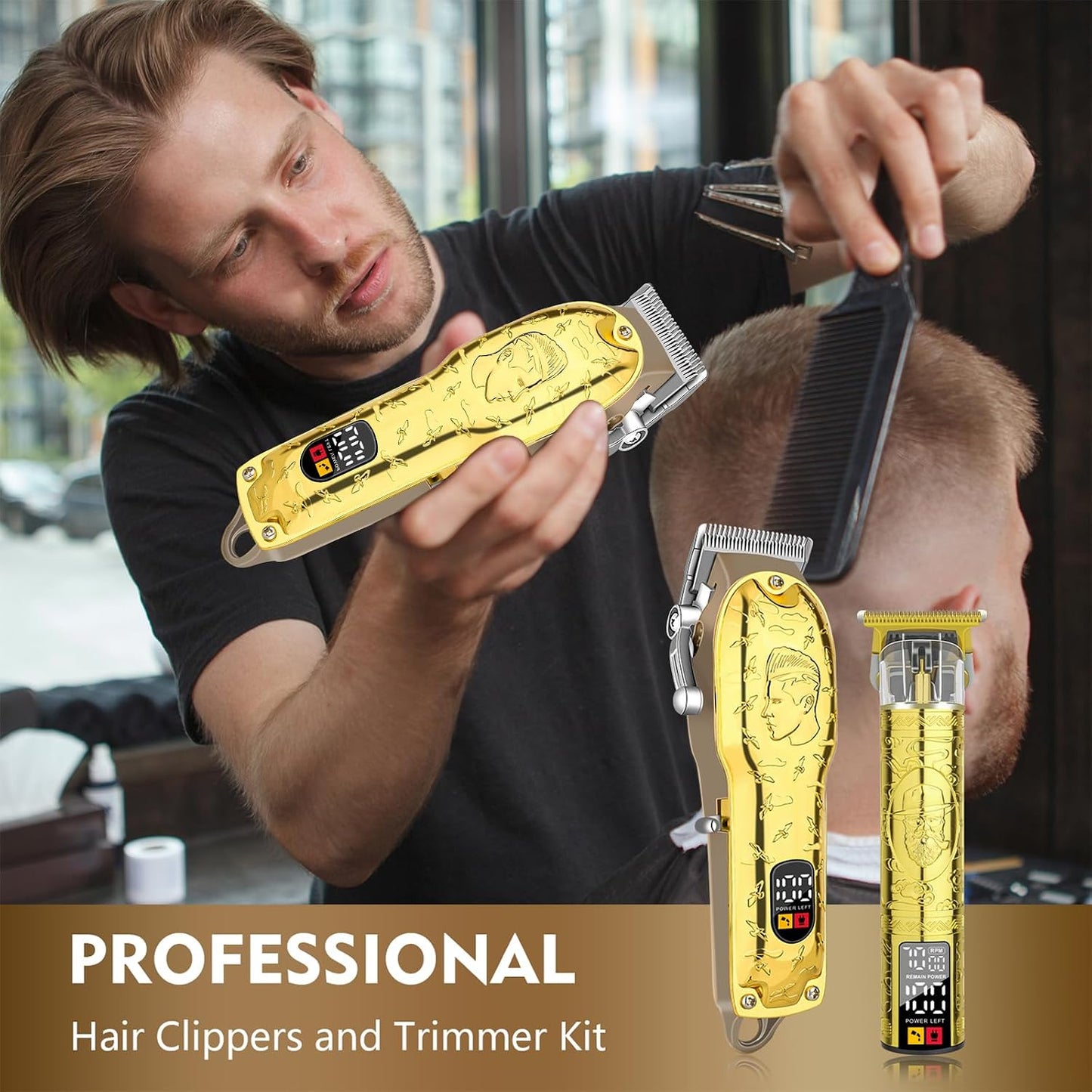 Men's Gold Hair Clippers - Cordless Professional Barber Trimmers with LED Display | Electric Grooming Kit for Haircuts & Beard Trimming